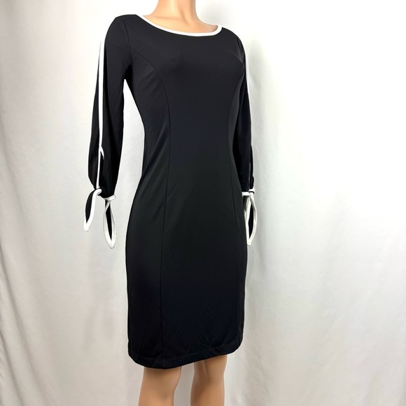TALBOTS WOMENS XS BLACK WHITE ELBOW-SLEEVE TIE SMOOTH JERSEY DRESS BUSINESS EUC! - Picture 4 of 15